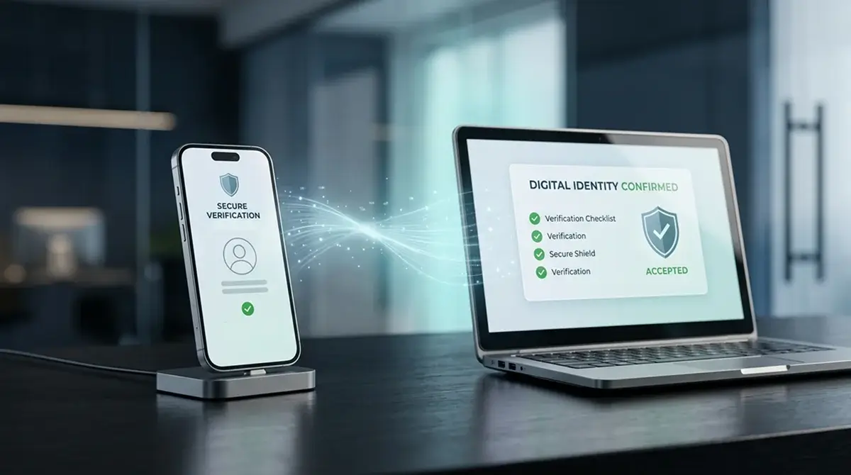 Ilustrace bankovní identity (Bank iD) na pozadí mobilního telefonu