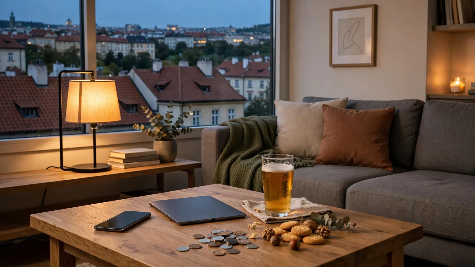 Moderní obývací pokoj s mobilním telefonem, tabletem a herními žetony na stole