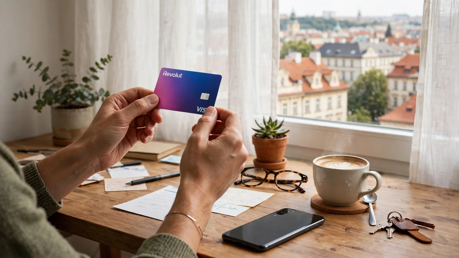 Ruce drží kartu Revolut u mobilního telefonu na stole v pražském bytě.
