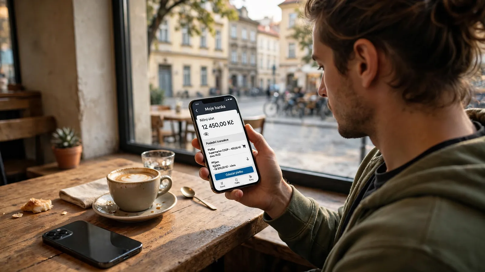 Osoba v české kavárně s mobilním telefonem a šálkem kávy, dobíjení přes mobilního operátora.