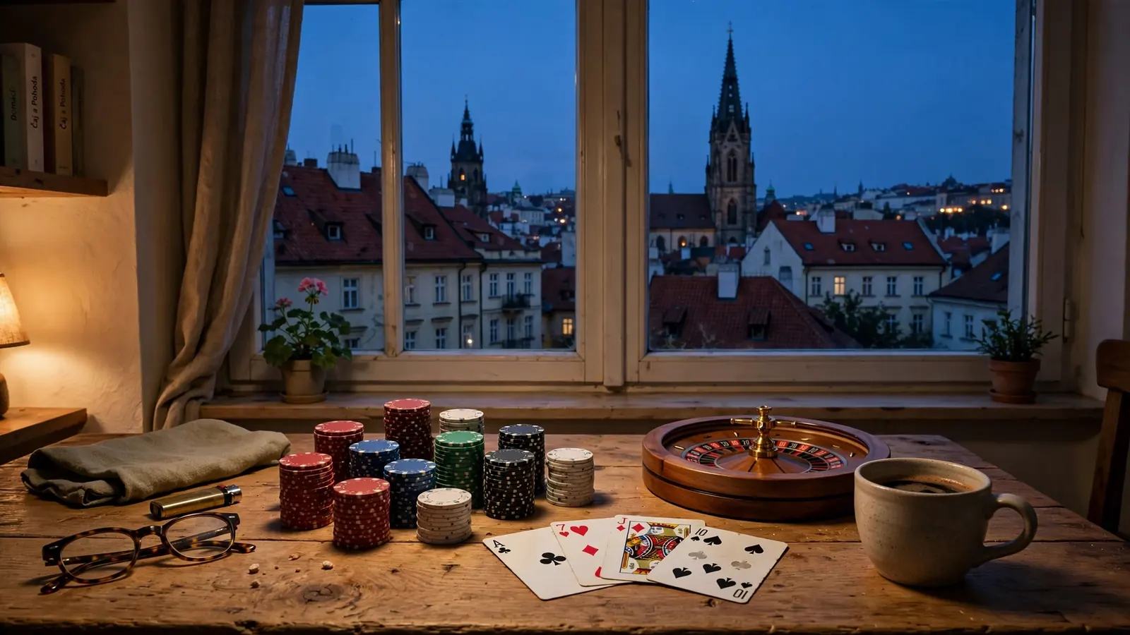 Dřevěný stůl s hracími žetony, kartami a ruletou v teplém českém interiéru za soumraku.