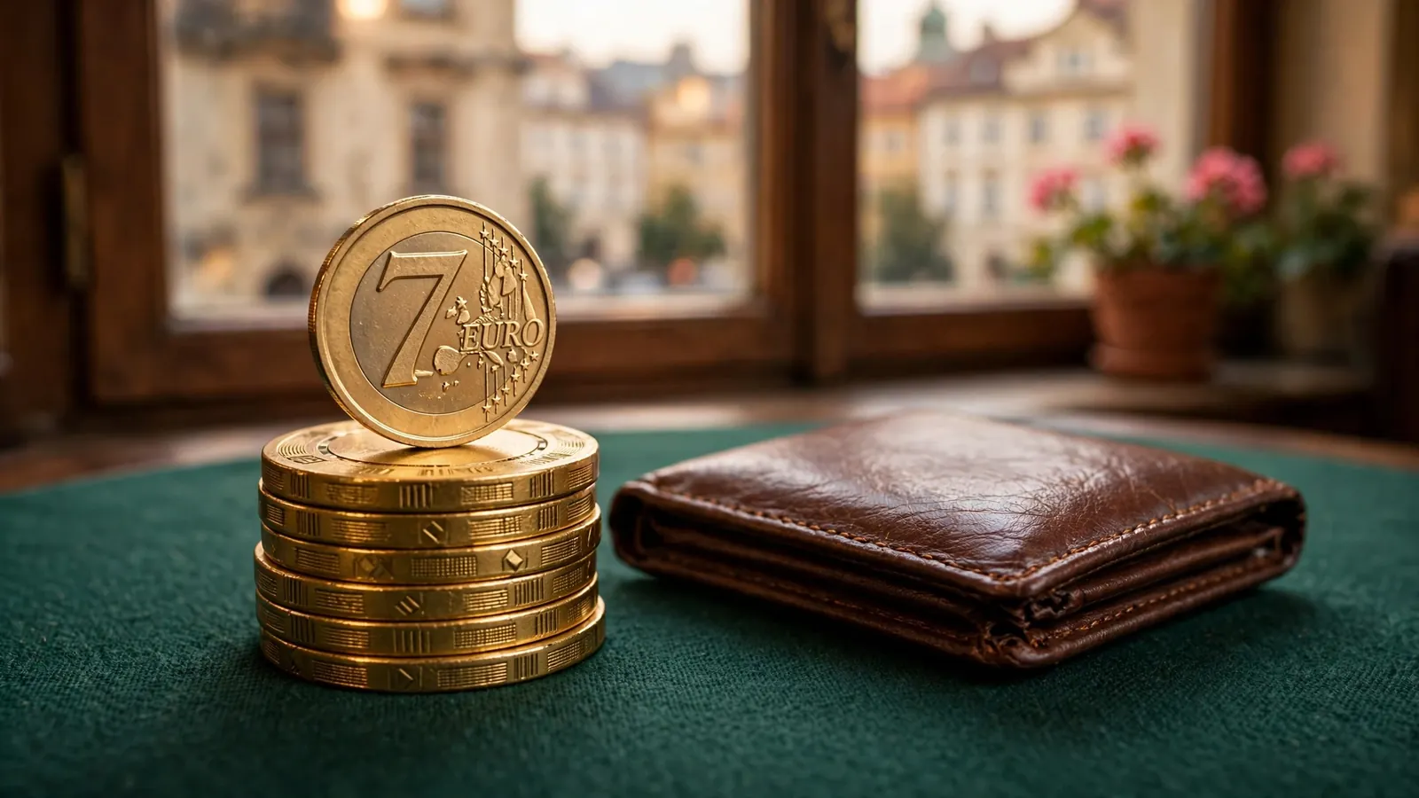 Stoh herních žetonů s mincí 7 € na zeleném plátně, v pozadí okno pražského Starého Města.