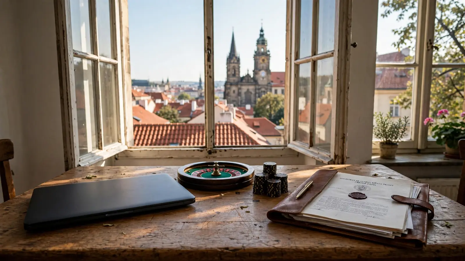 Stůl s notebookem, ruletou a žetony u okna s pražskými střechami