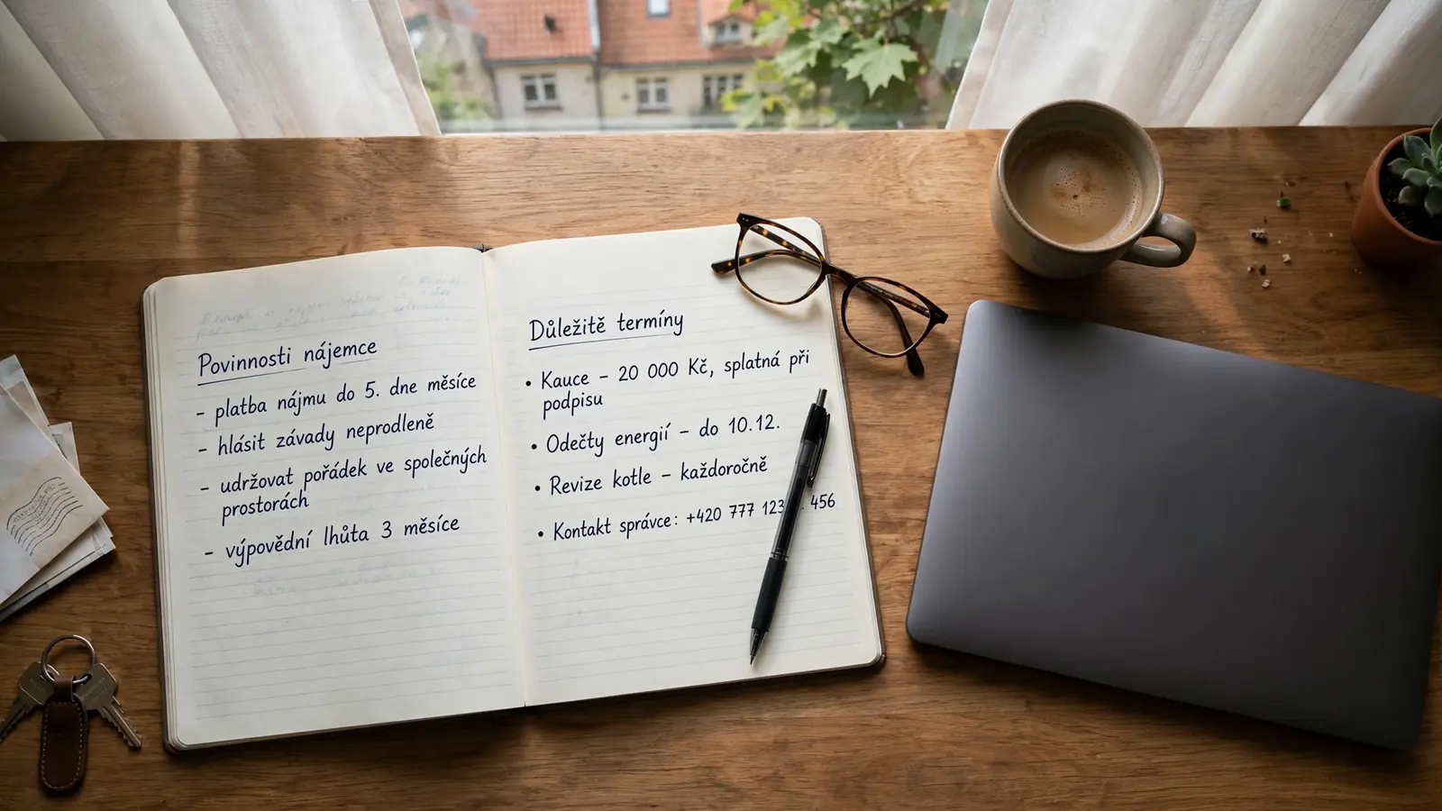 Pracovní stůl s notebookem, poznámkovým blokem a brýlemi na čtení podmínek.