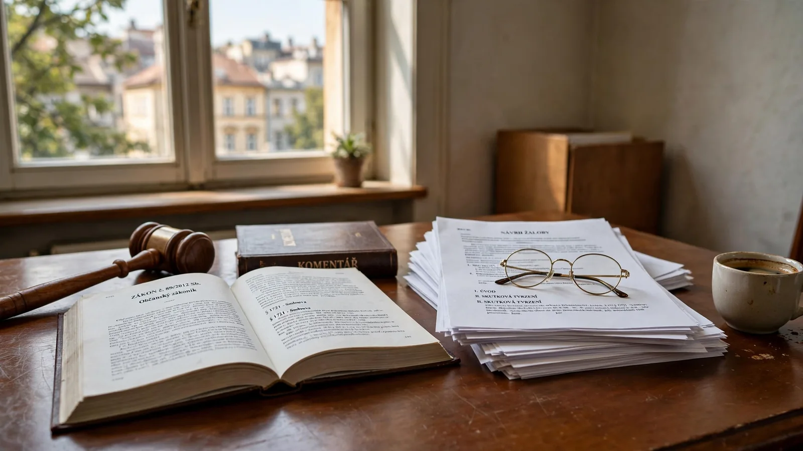 Soudní kladívko, otevřená kniha zákonů a dokumenty na pracovním stole.