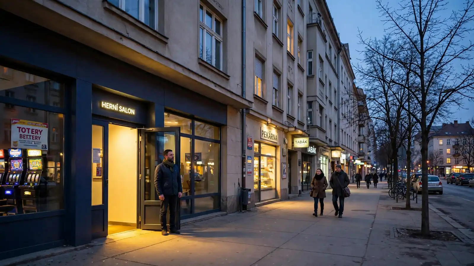 Večerní pohled na vstup do herny v centru Ostravy