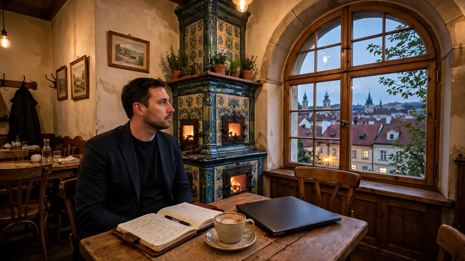 Muž v české kavárně u stolu s notebookem a poznámkovým blokem
