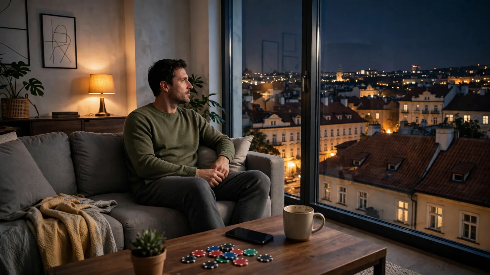 Večer v pražském bytě s hracími žetony na stole