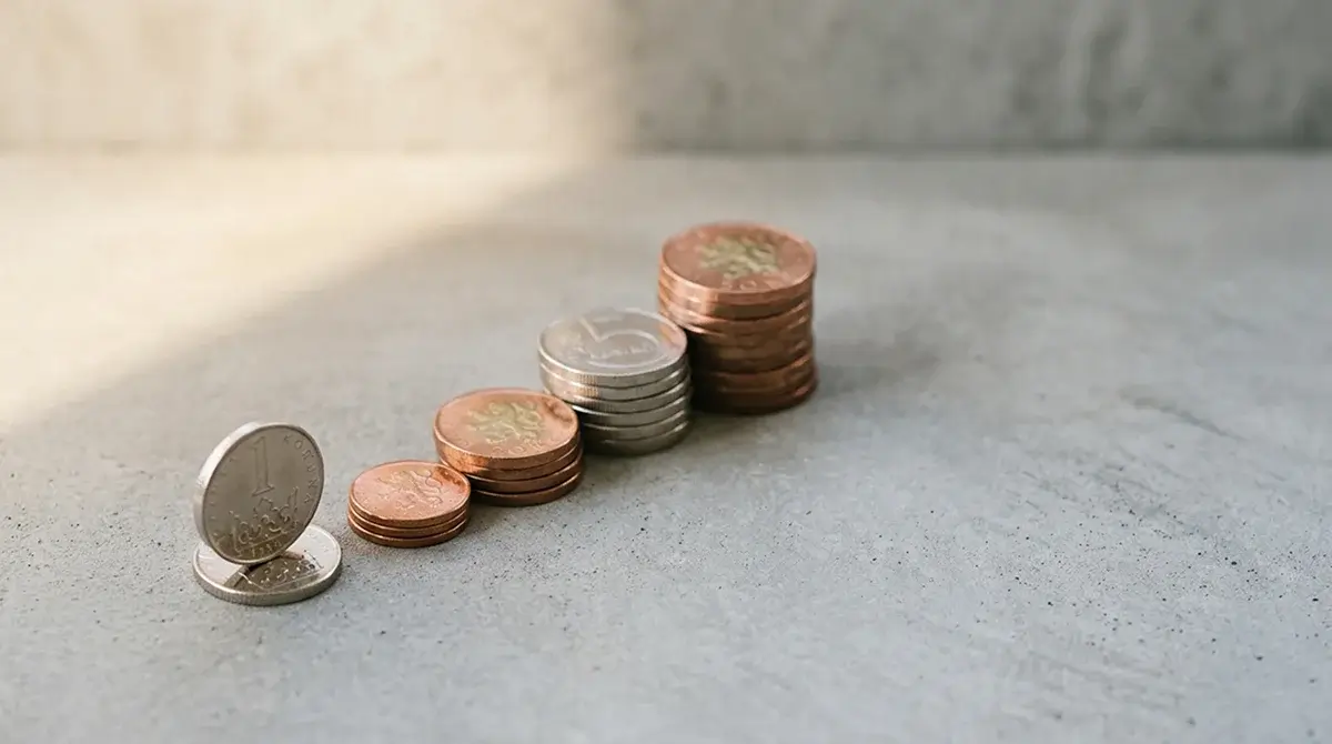 Stupňovité uspořádání českých korunových mincí — symbol nízkých vkladů